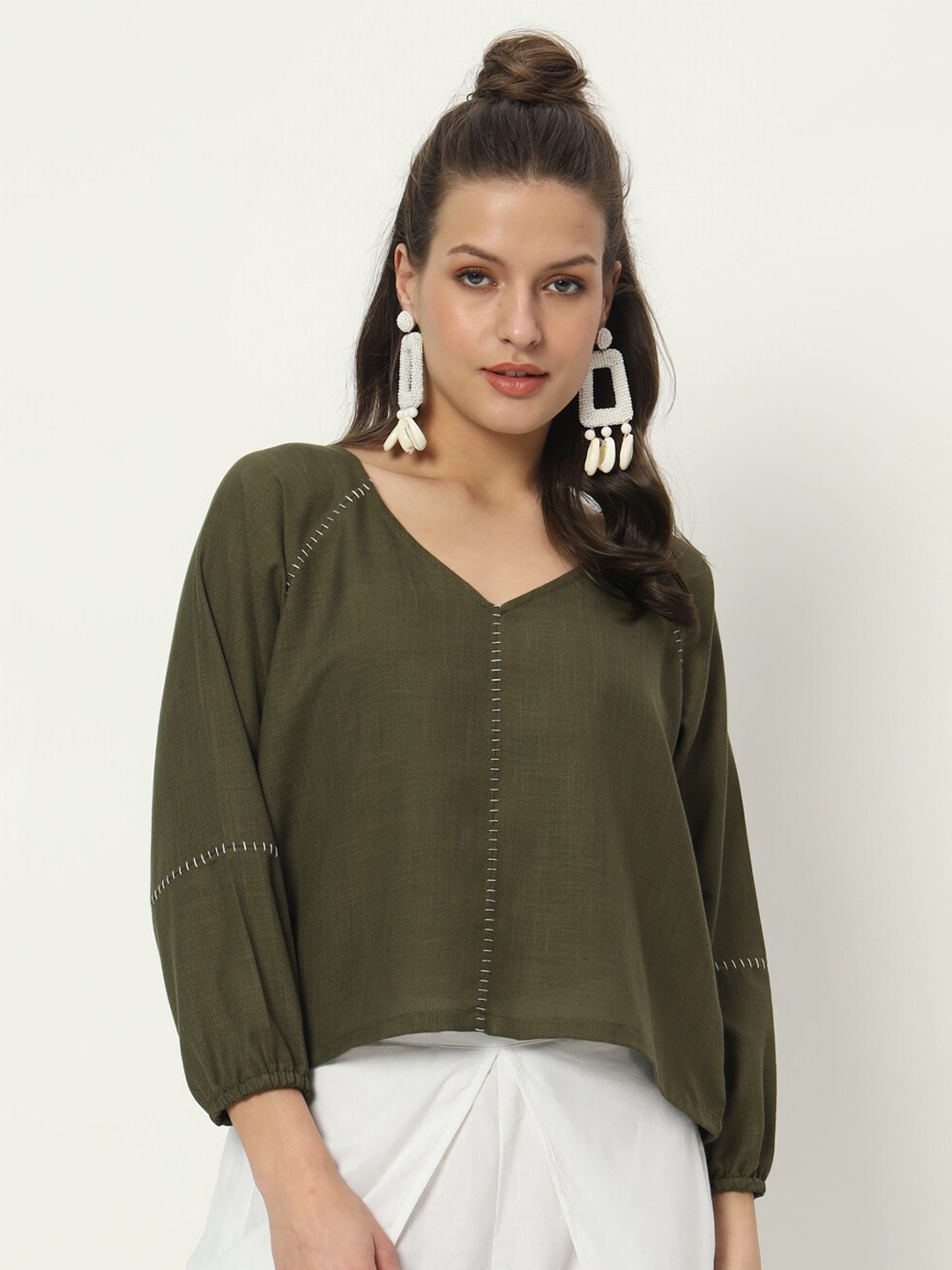 

9rasa Cotton Embroidered V Neck Top, Olive