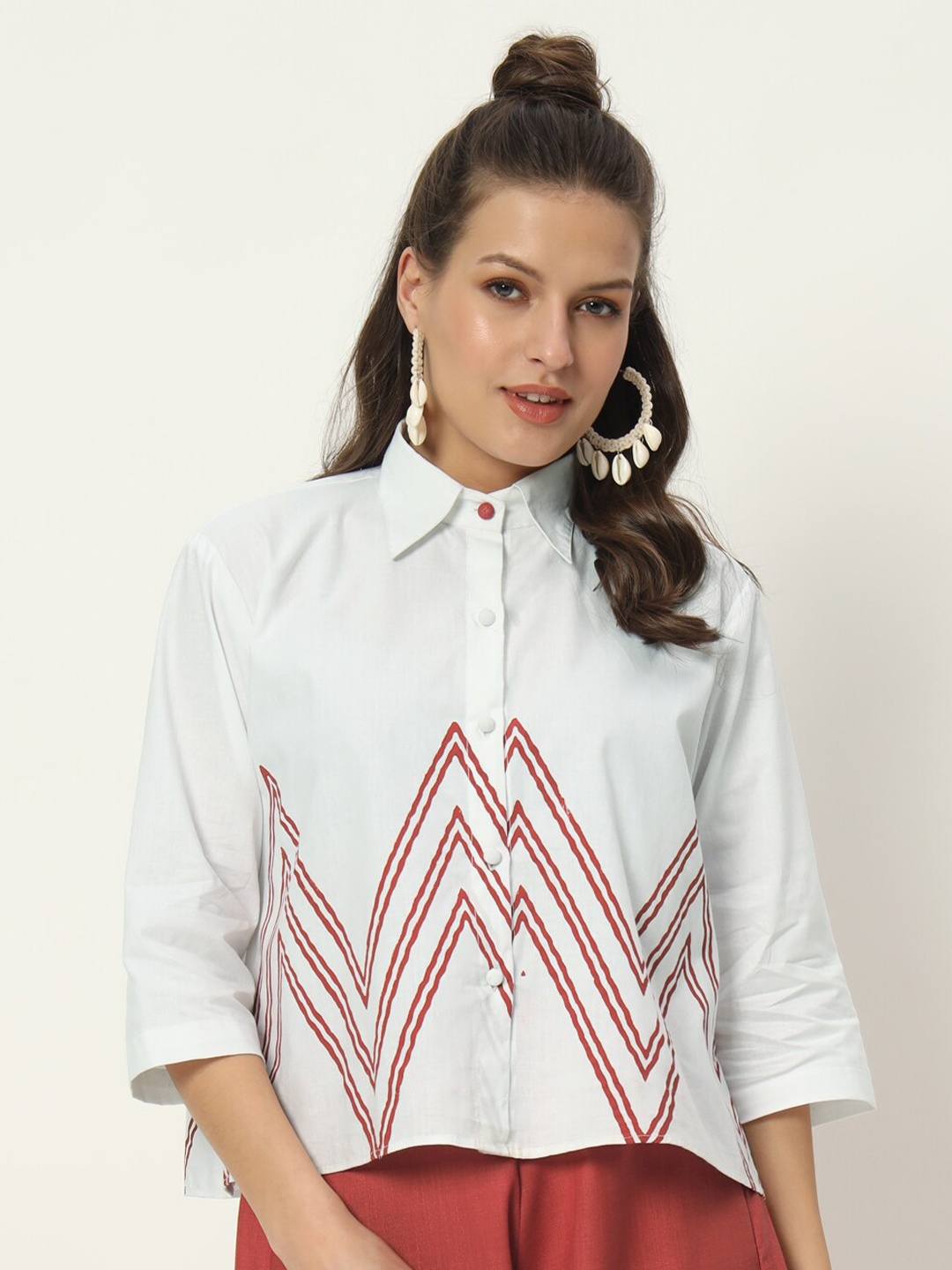 

9rasa Cotton Printed Loose Fit Shirt, White