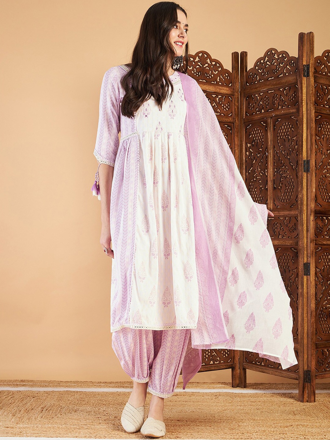 

Ishin Women Floral Printed Pleated Gotta Patti Kurta with Salwar & With Dupatta, Purple