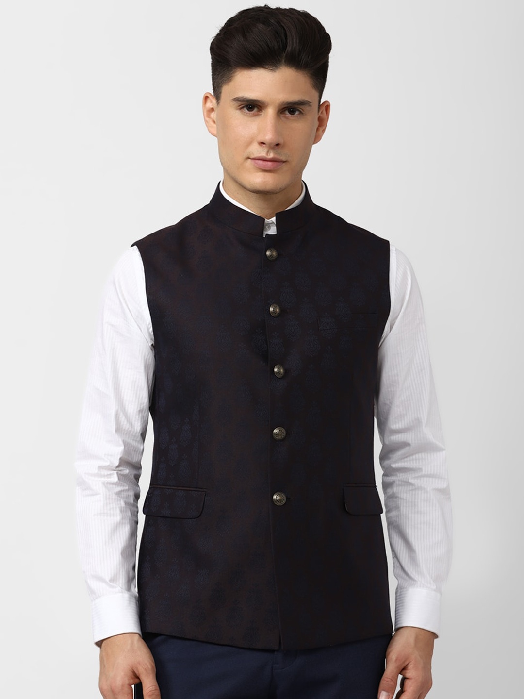 

V Dot Printed Woven Nehru Jacket, Black