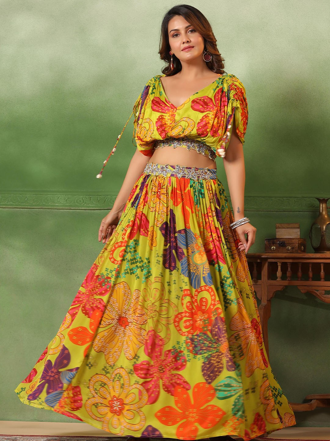 

SCAKHI Printed Beads and Stones Ready to Wear Lehenga &, Lime green