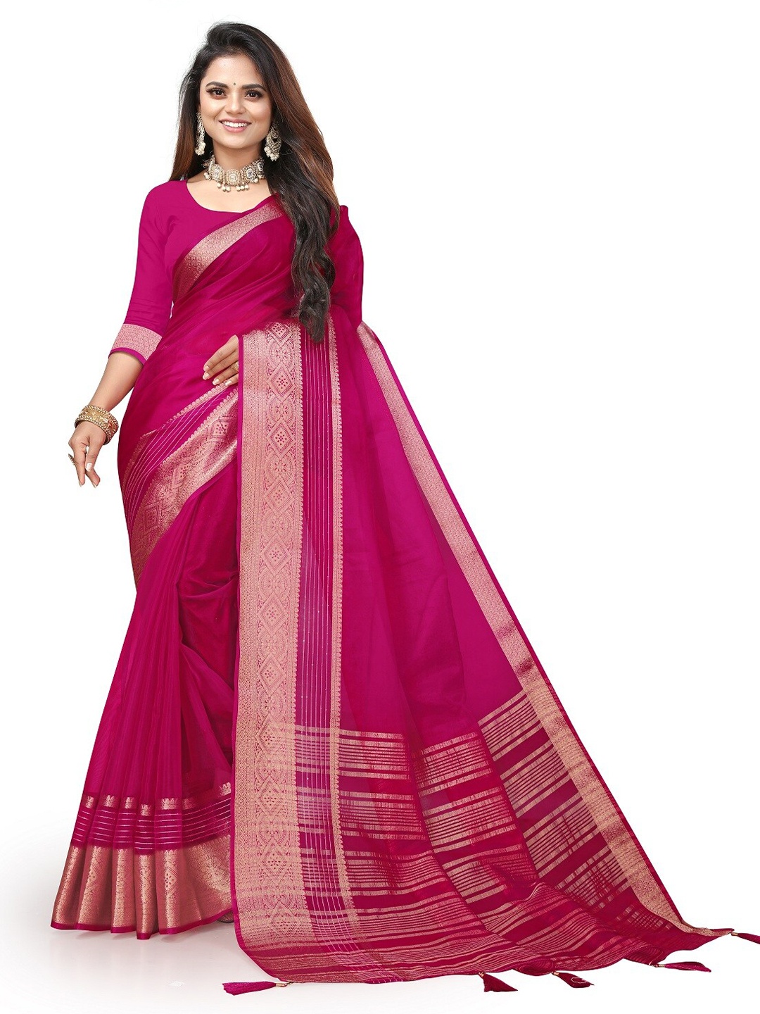 

Pemal Designer Zari Organza Saree, Pink