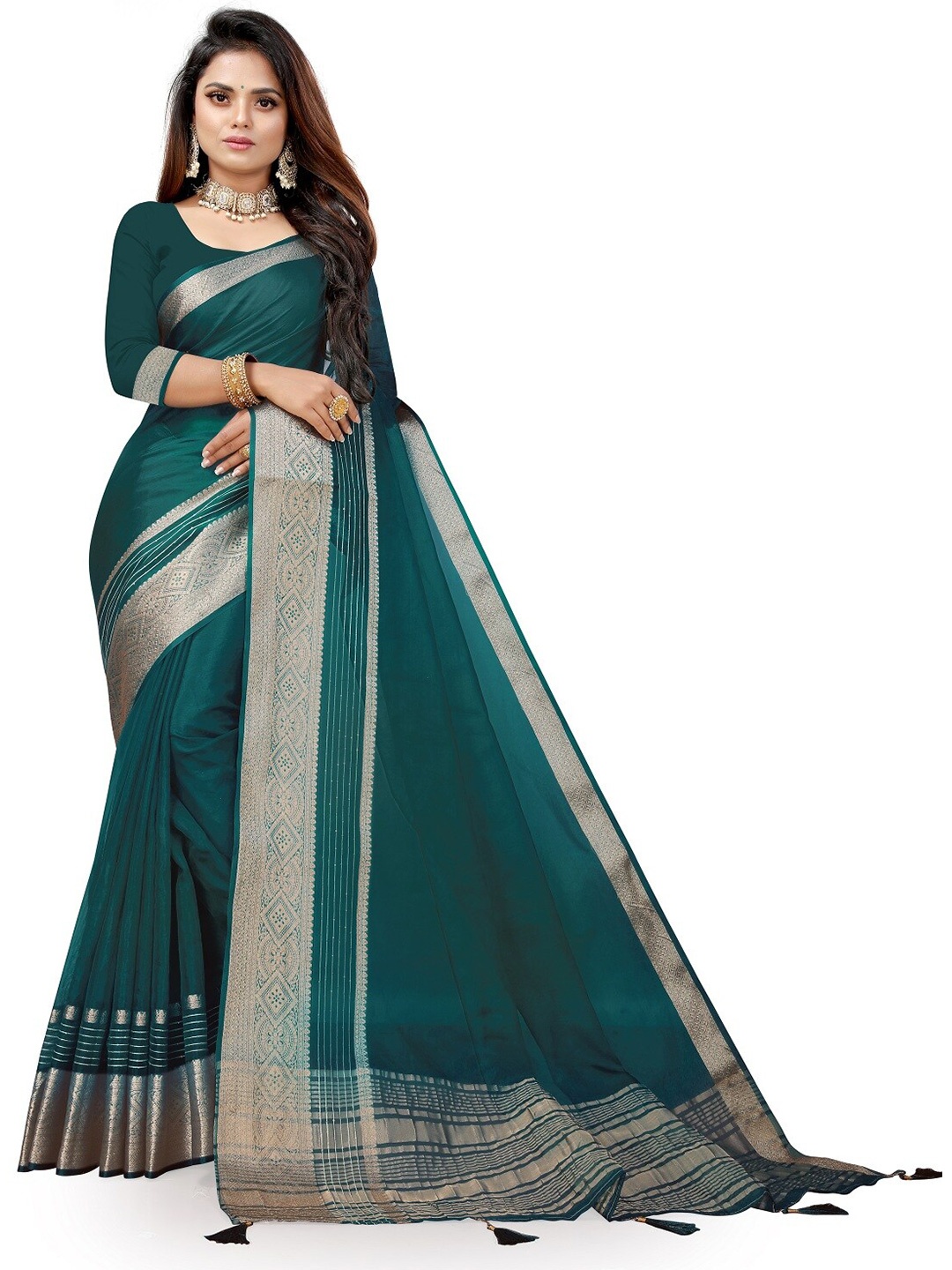 

Pemal Designer Zari Organza Saree, Green