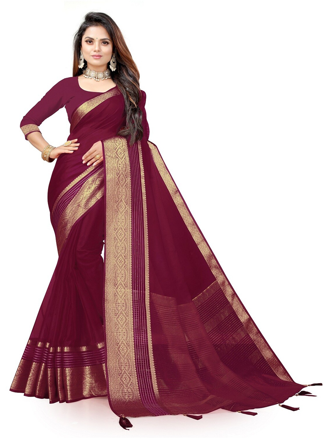 

Pemal Designer Zari Organza Saree, Burgundy