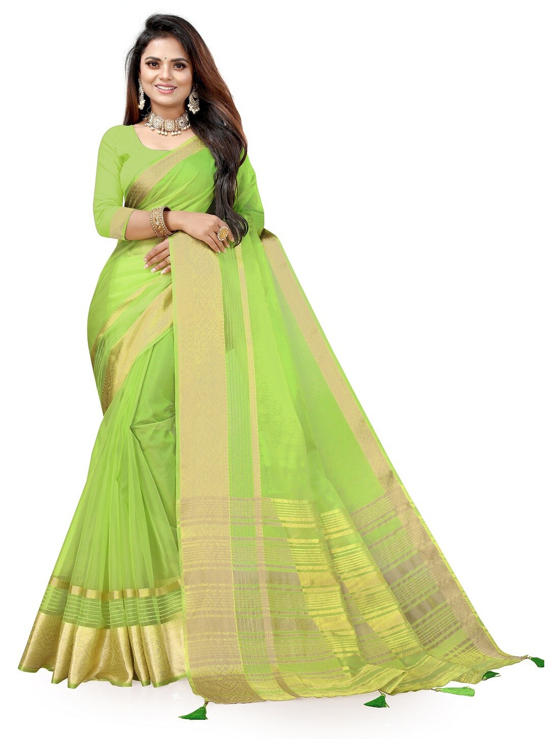 

Pemal Designer Zari Organza Saree, Fluorescent green