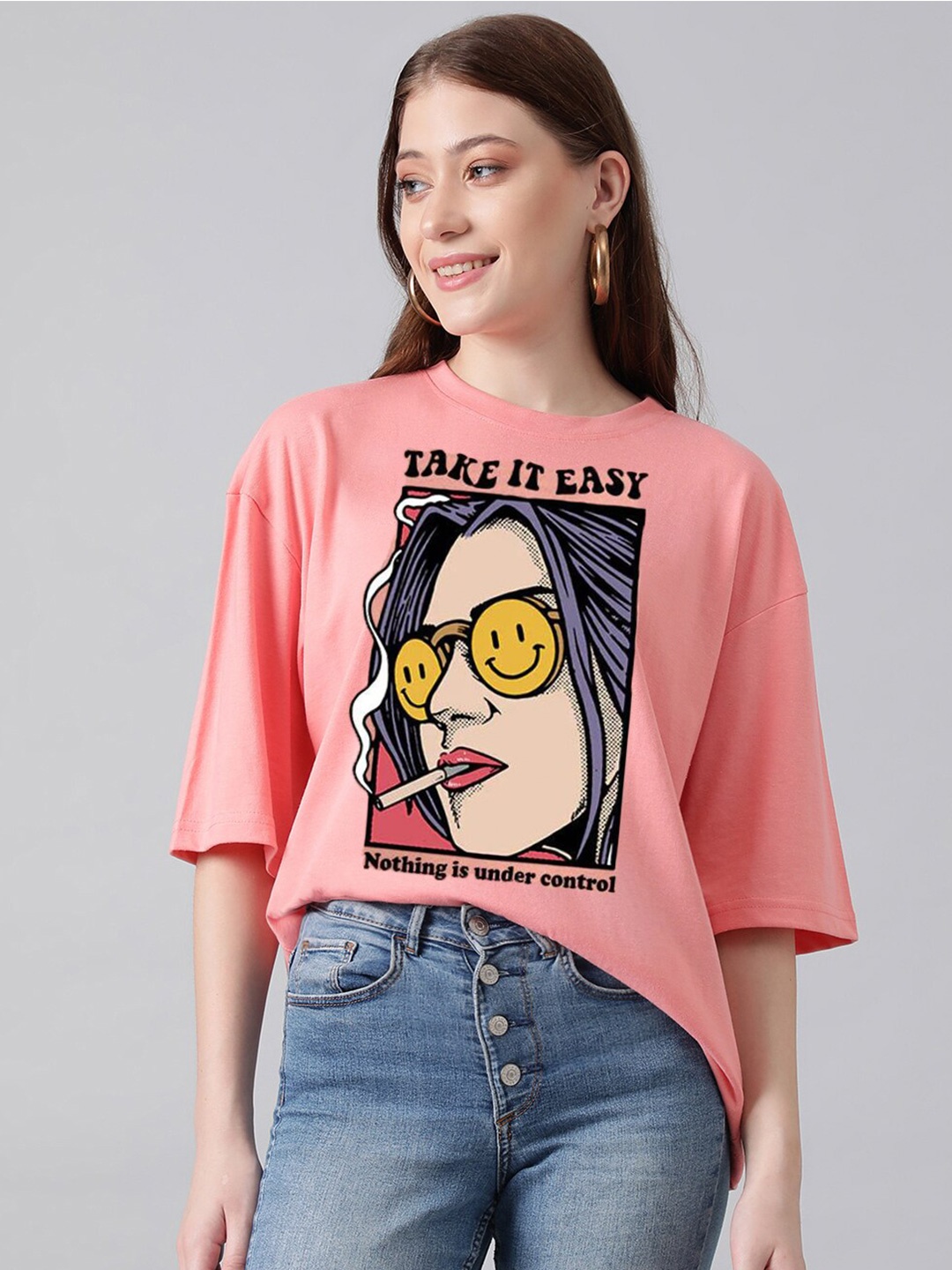 

KOTTY Basics Graphic Printed Oversized T-shirt, Pink