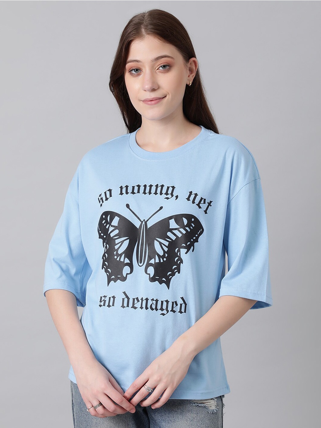 

KOTTY Basics Typography Printed Drop-Shoulder Sleeves Oversized T-shirt, Blue