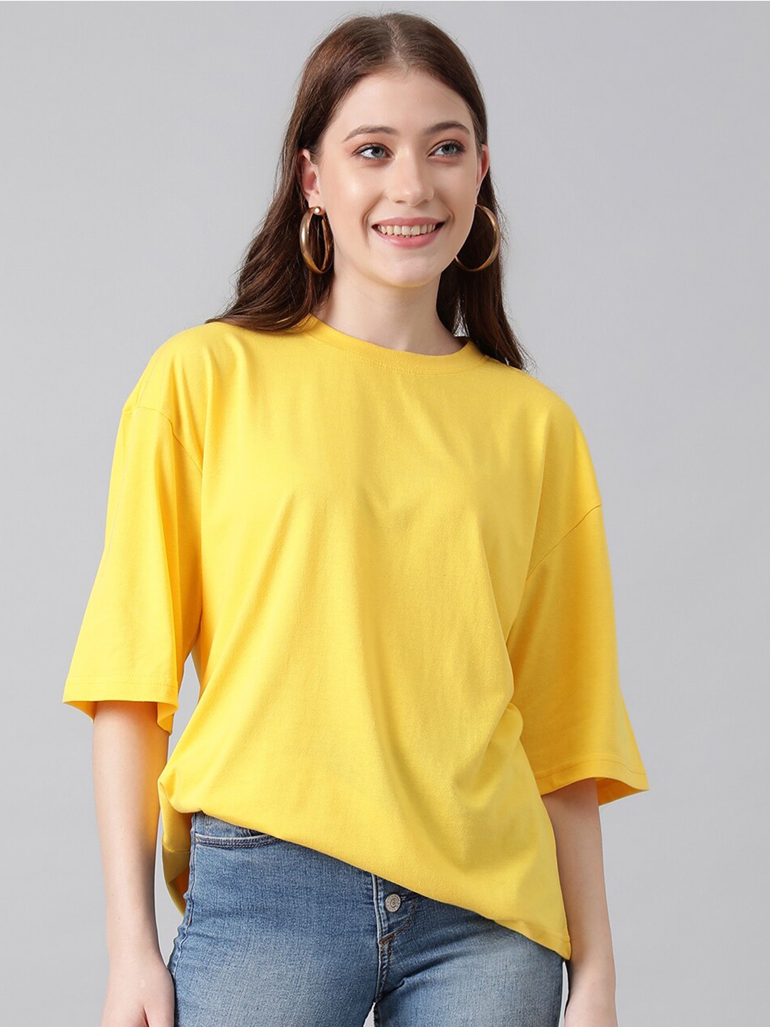 

KOTTY Basics Round Neck Drop-Shoulder Sleeves Oversized T-shirt, Yellow