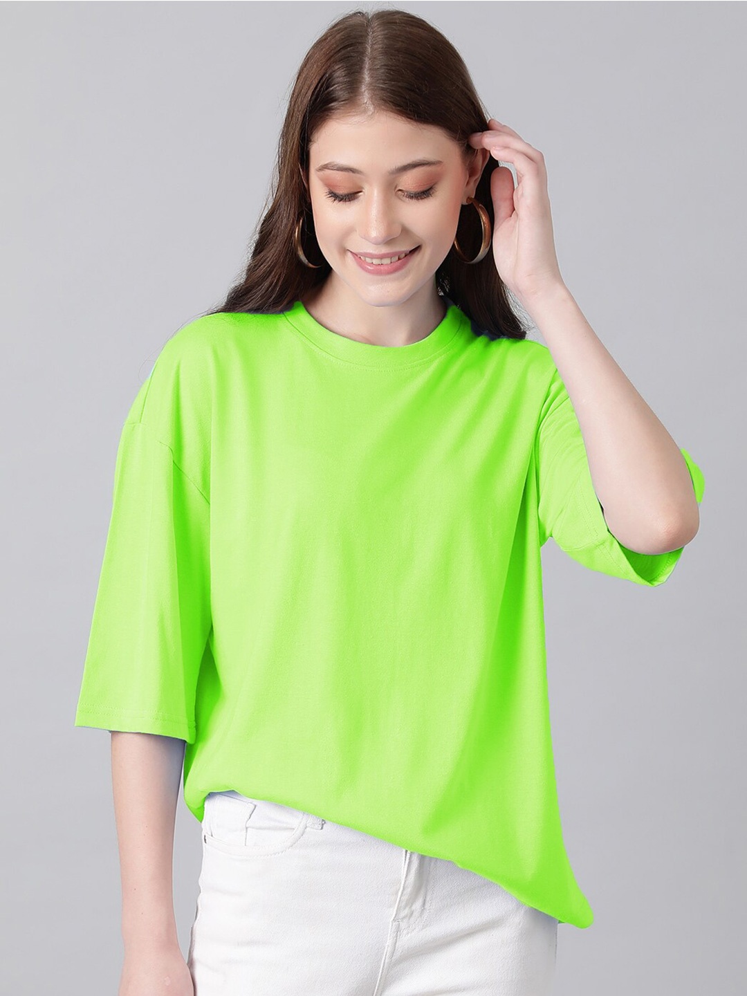 

KOTTY Basics Basics Round Neck Drop-Shoulder Sleeves Oversized T-shirt, Green