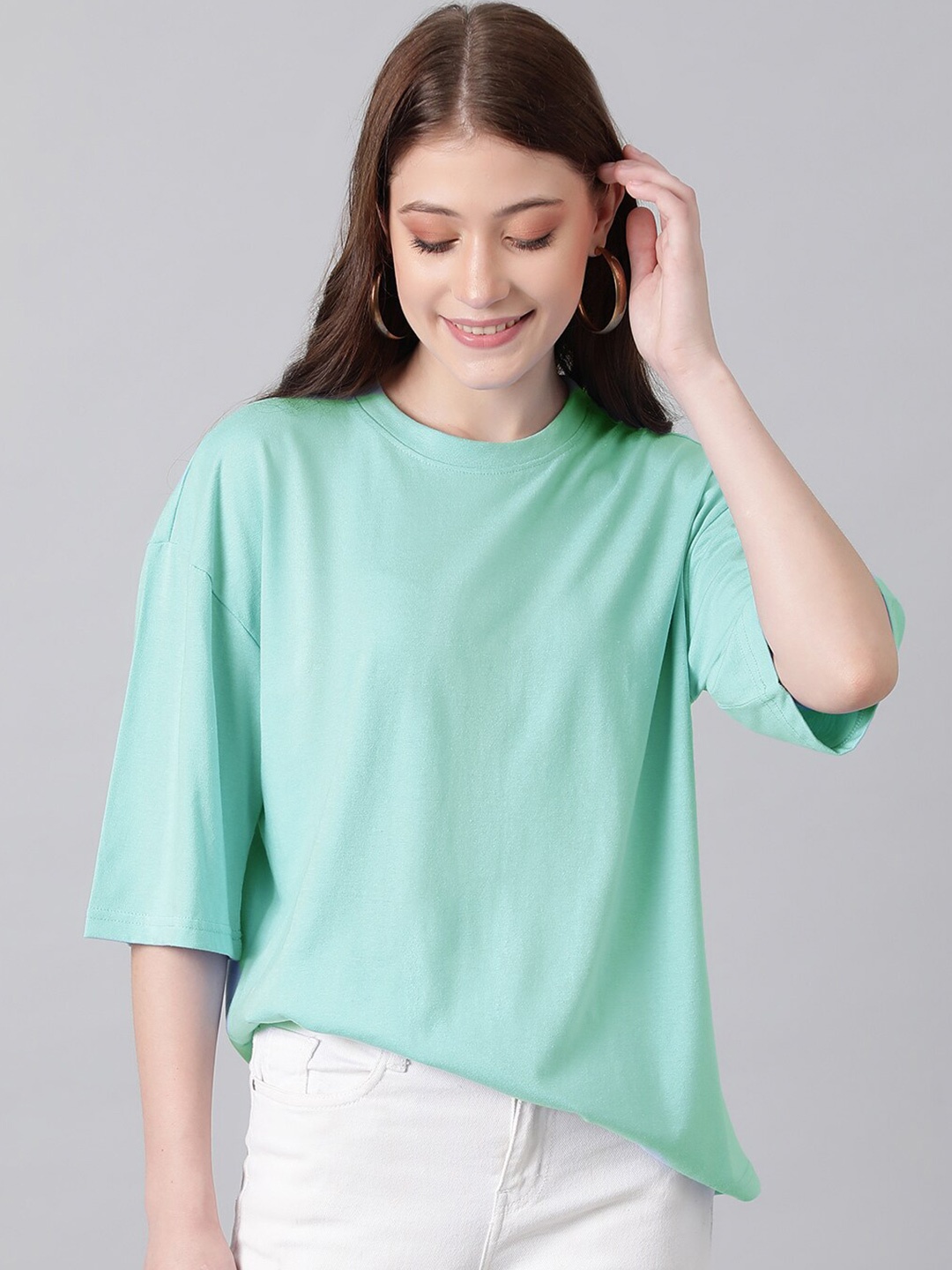 

KOTTY Basics Basics Drop Shoulder Sleeves Oversized T-shirt, Green