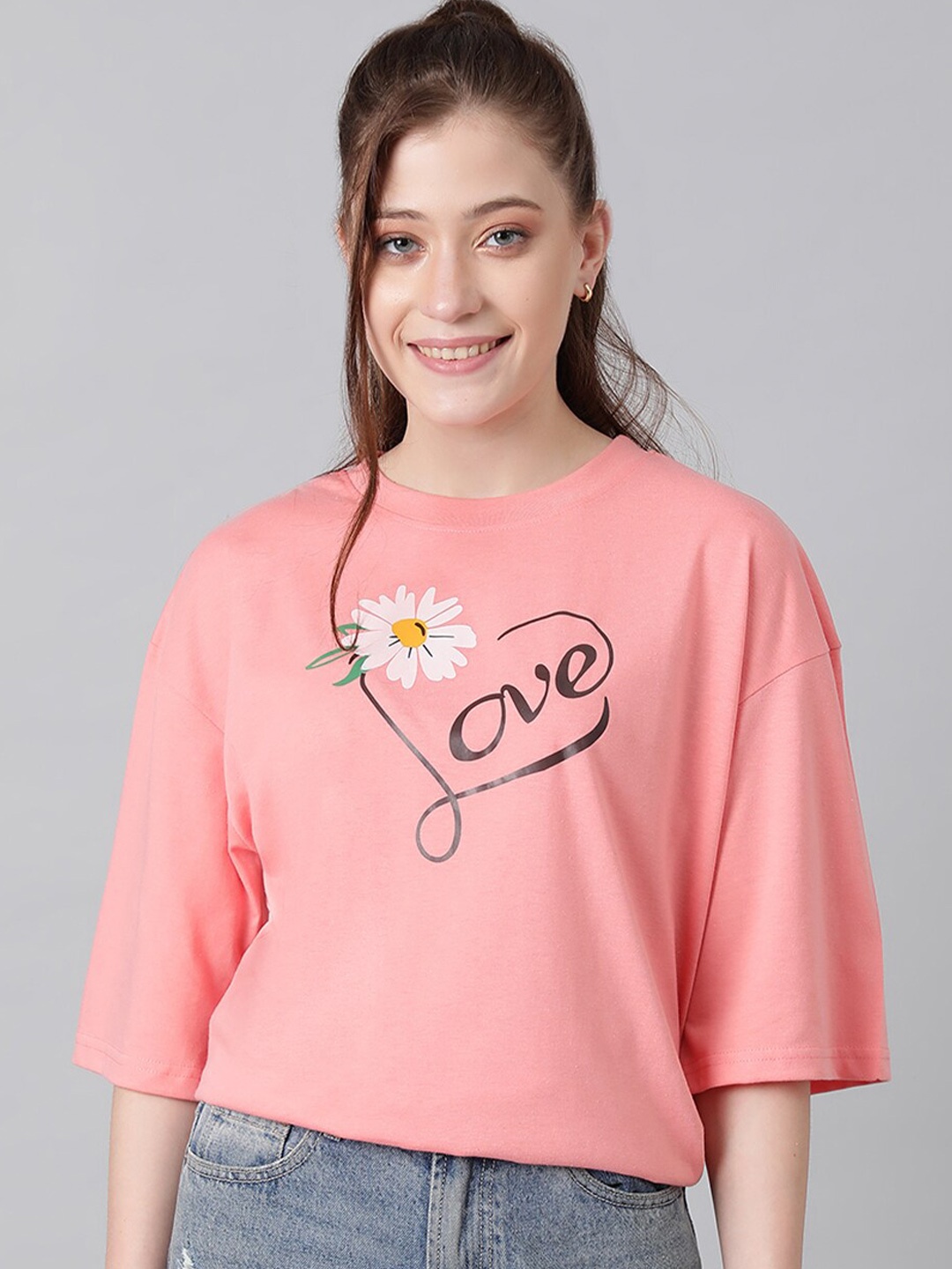 

KOTTY Basics Typography Printed Oversized T-shirt, Pink