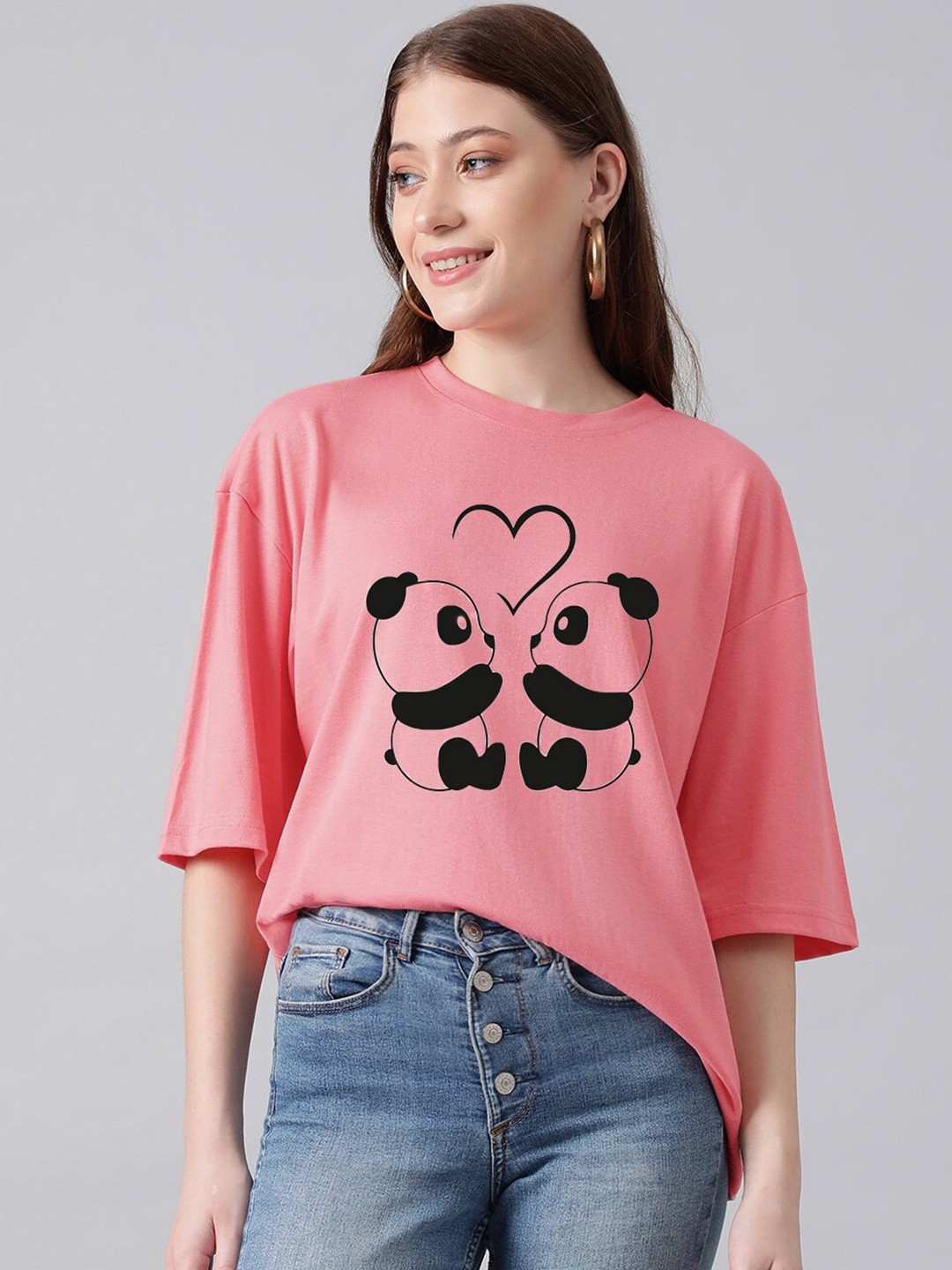 

Kotty Graphic Printed Drop Shoulder Sleeves Oversized T-shirt, Pink