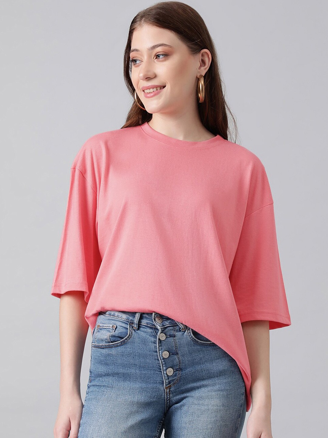

KOTTY Basics Basics Round Neck Drop-Shoulder Sleeves Oversized T-shirt, Pink