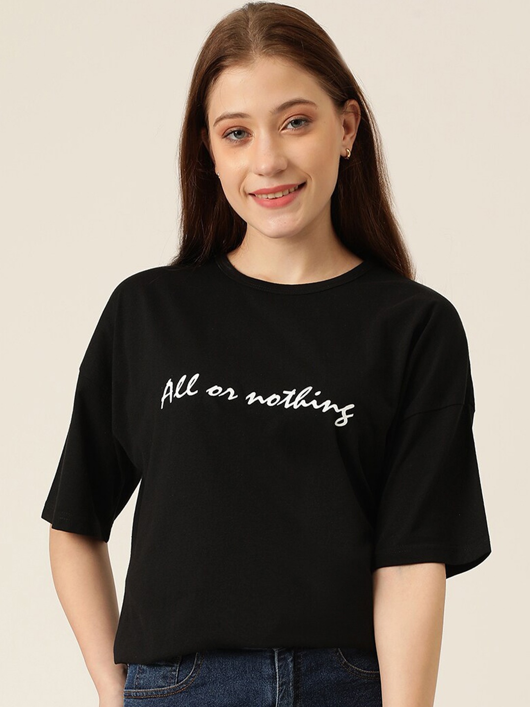 

Kotty Typography Printed Drop-Shoulder Sleeves Oversized T-shirt, Black
