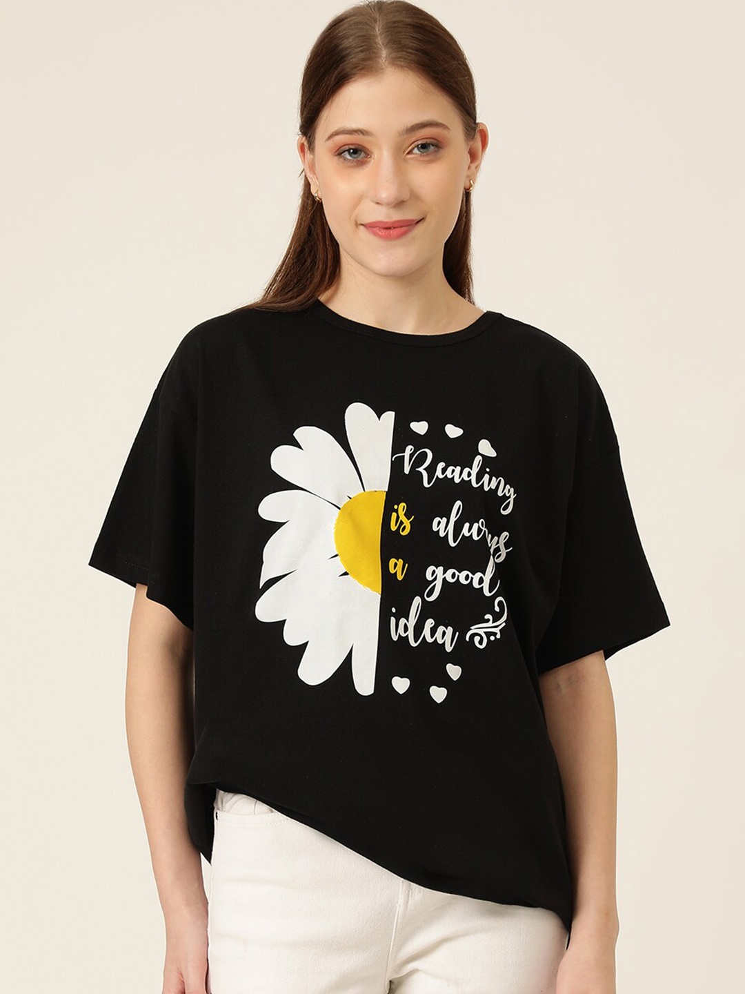 

KOTTY Basics Graphic Printed Drop Shoulder Sleeves Oversized T-shirt, Black
