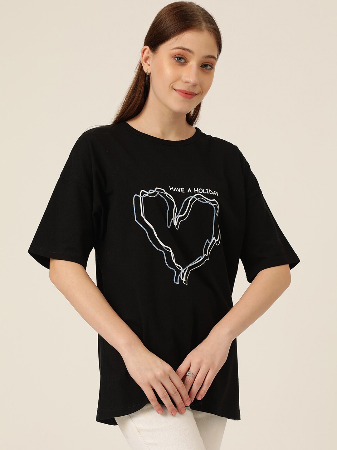 

KOTTY Basics Graphic Printed Round Neck Drop-Shoulder Sleeves Oversized T-shirt, Black