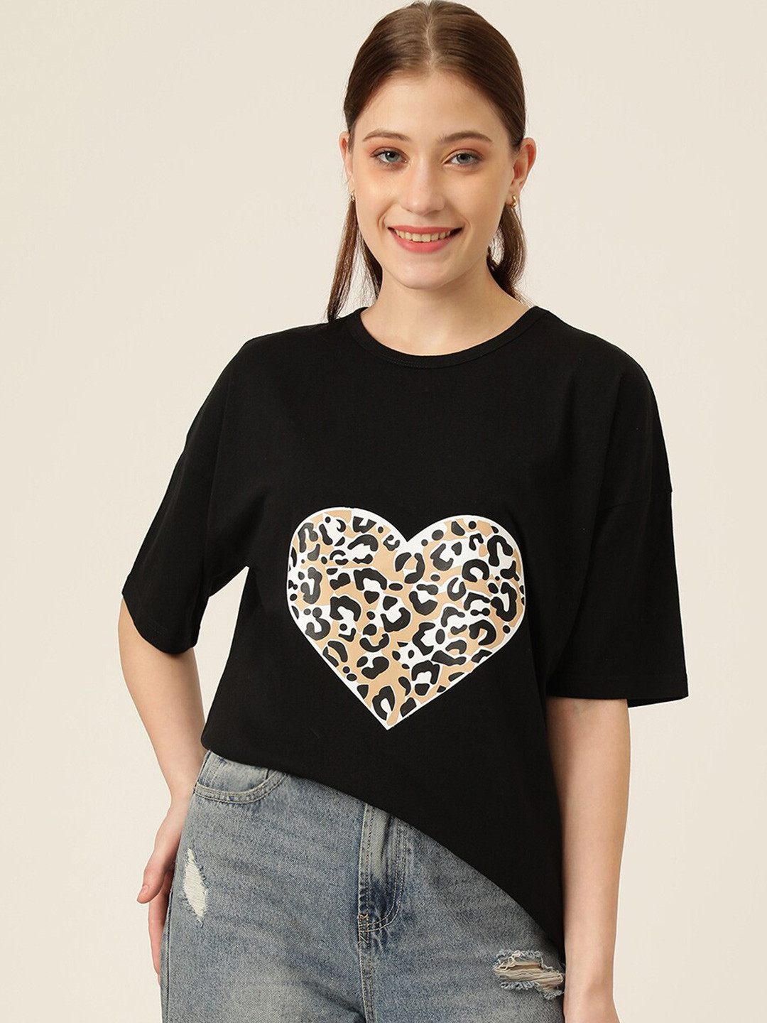 

KOTTY Basics Graphic Printed Drop-Shoulder Sleeves Oversized T-shirt, Black