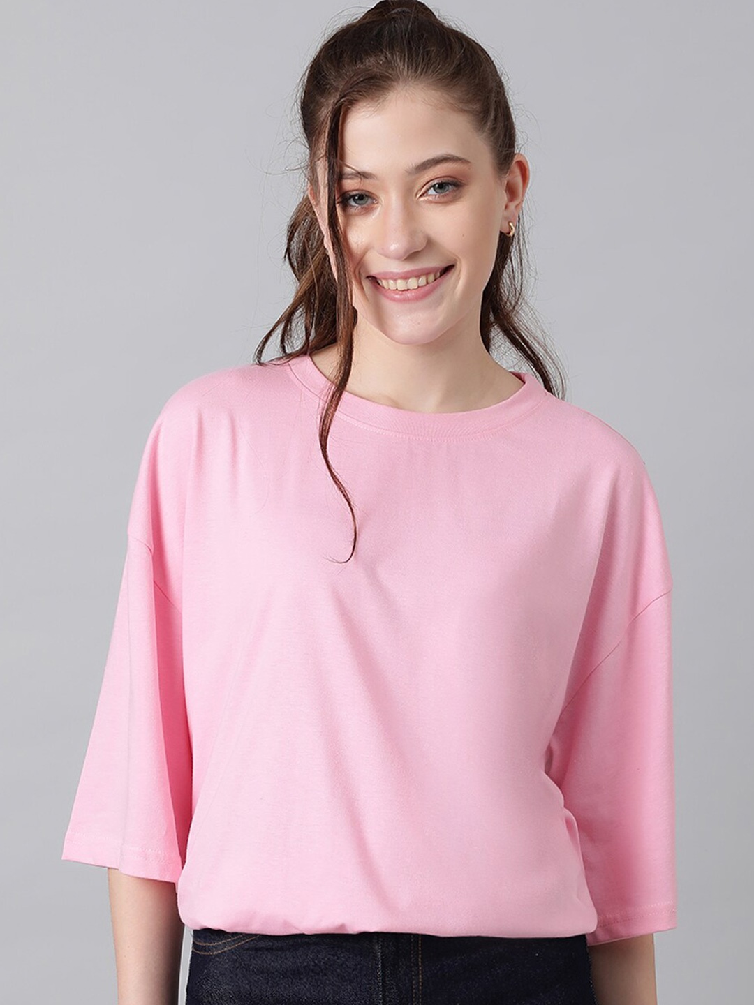 

KOTTY Basics Basics Round Neck Drop-Shoulder Sleeves Oversized T-shirt, Pink