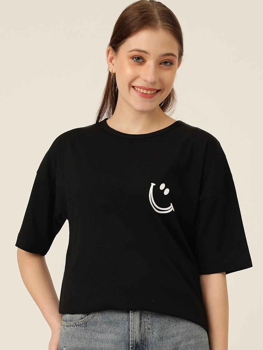 Kotty Round Neck Drop-Shoulder Sleeves Oversized T-shirt, Black