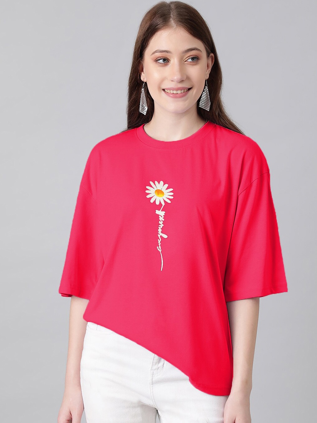 

KOTTY Basics Graphic Printed Drop-Shoulder Sleeves Oversized T-shirt, Pink