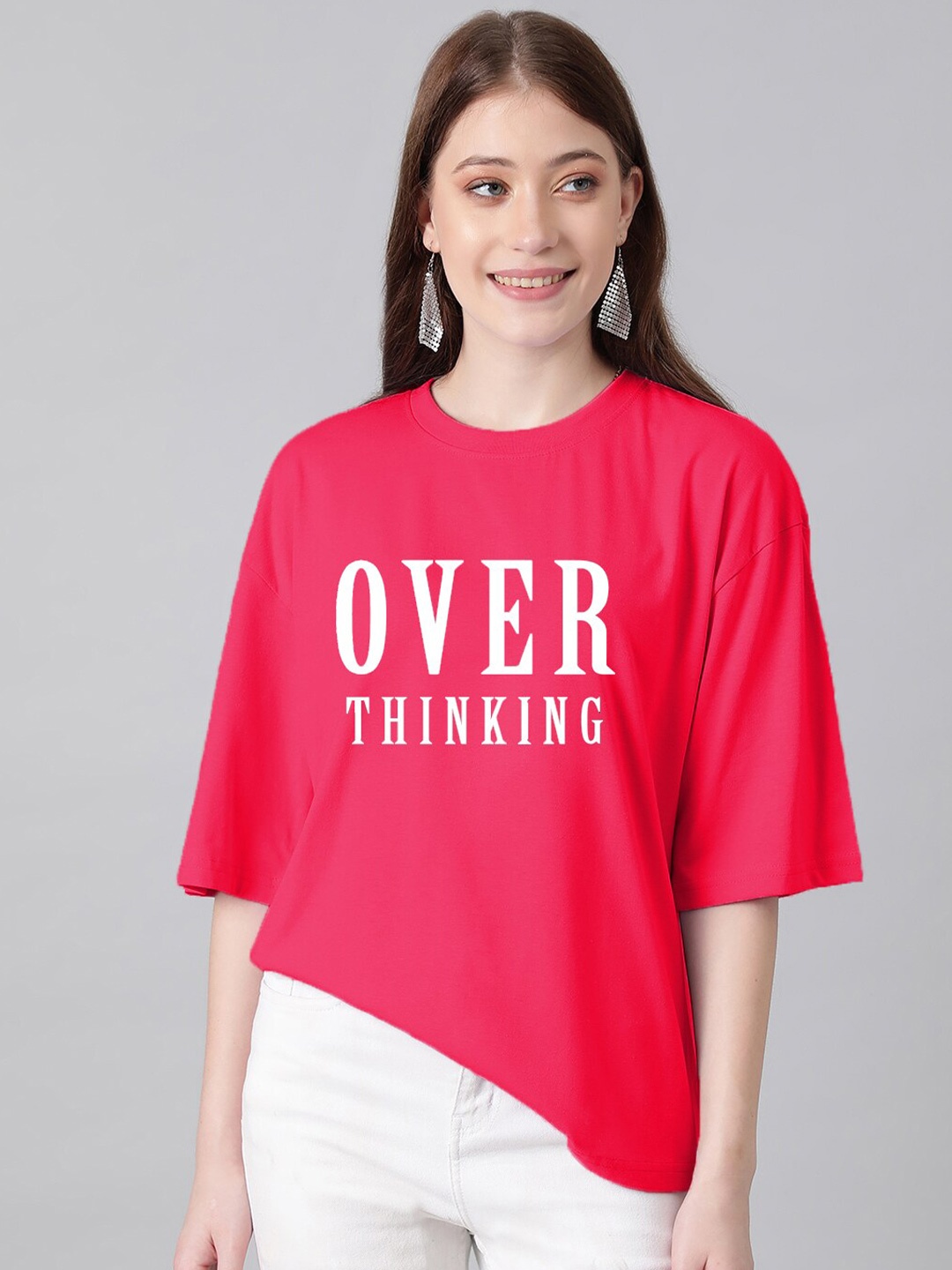 

Kotty Typography Printed Drop-Shoulder Sleeves Oversized T-shirt, Pink
