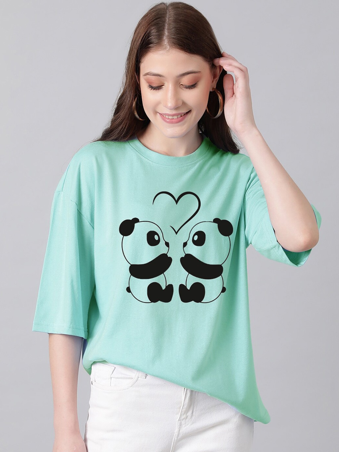 

KOTTY Basics Panda Printed Oversized T-shirt, Green