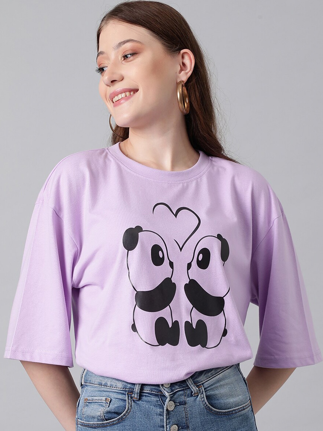 

Kotty Graphic Printed Drop Shoulder Sleeves Oversized T-shirt, Purple