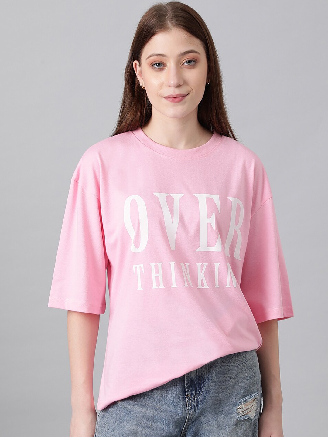 

Kotty Typography Printed Drop Shoulder Sleeves Oversized T-shirt, Pink