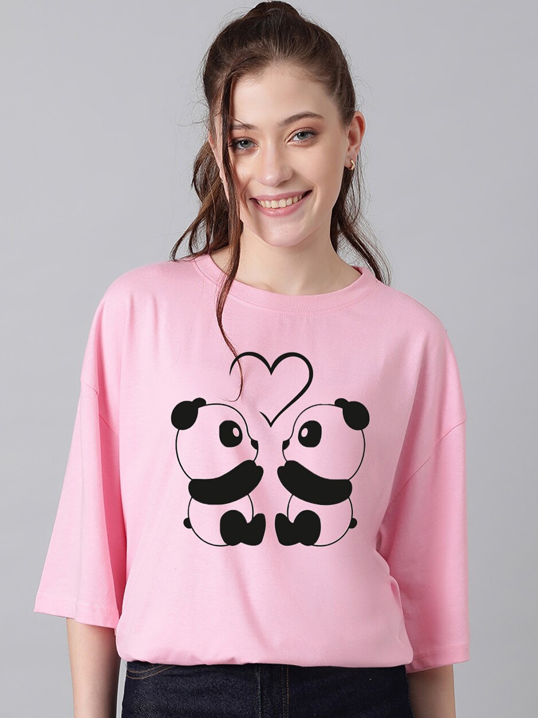 

KOTTY Basics Panda Printed Drop Shoulder Sleeves Oversized T-shirt, Pink