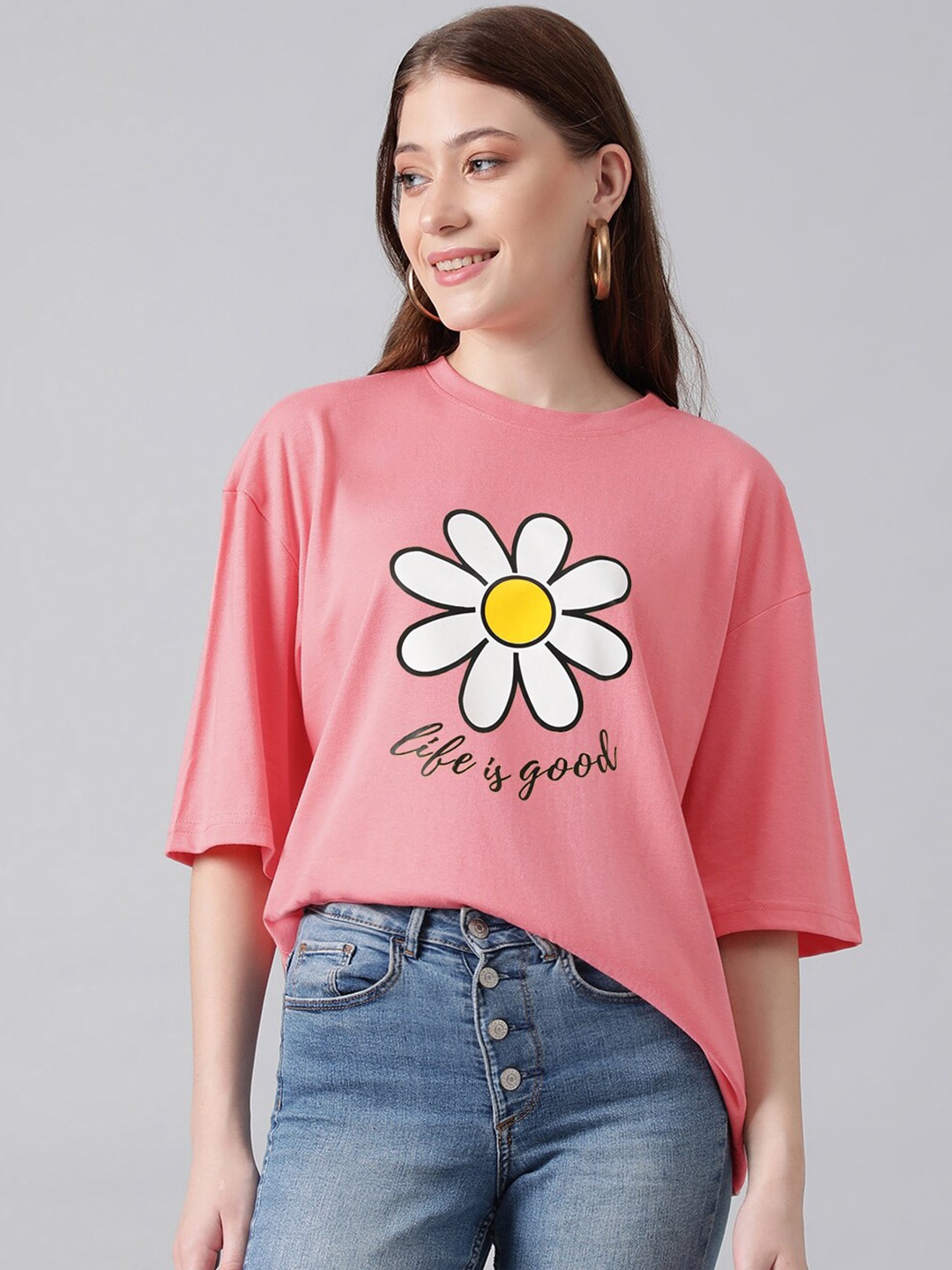 

KOTTY Basics Graphic Printed Drop-Shoulder Sleeves Oversized T-shirt, Pink