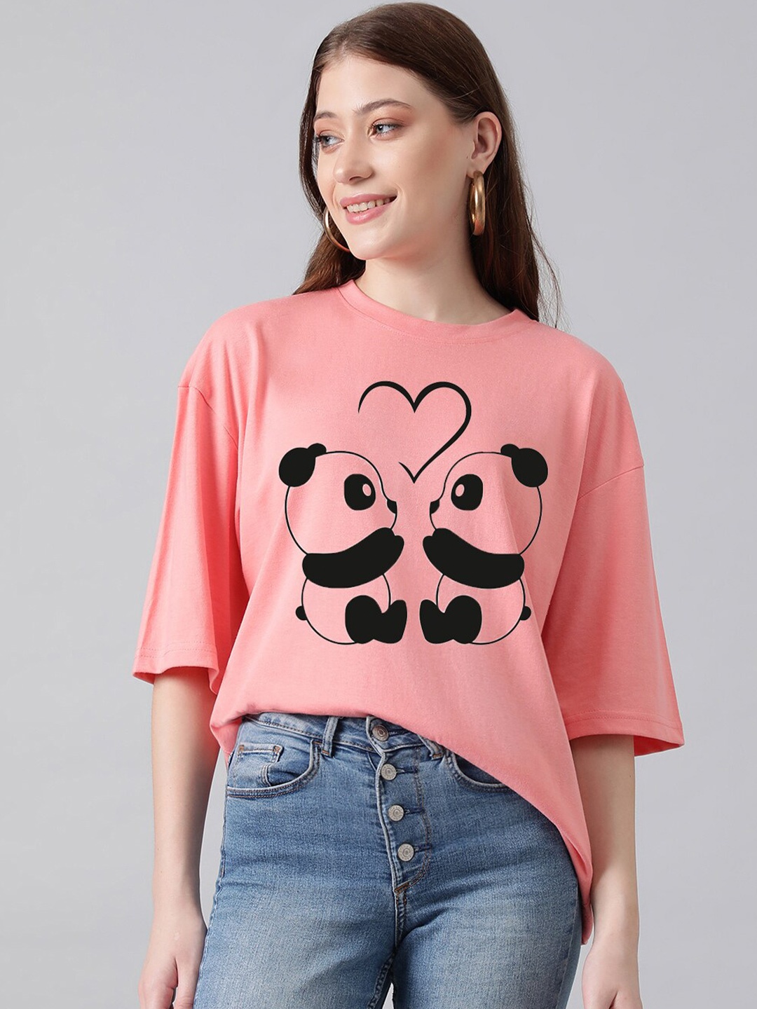 

Kotty Graphic Printed Drop-Shoulder Sleeves Oversized T-shirt, Pink