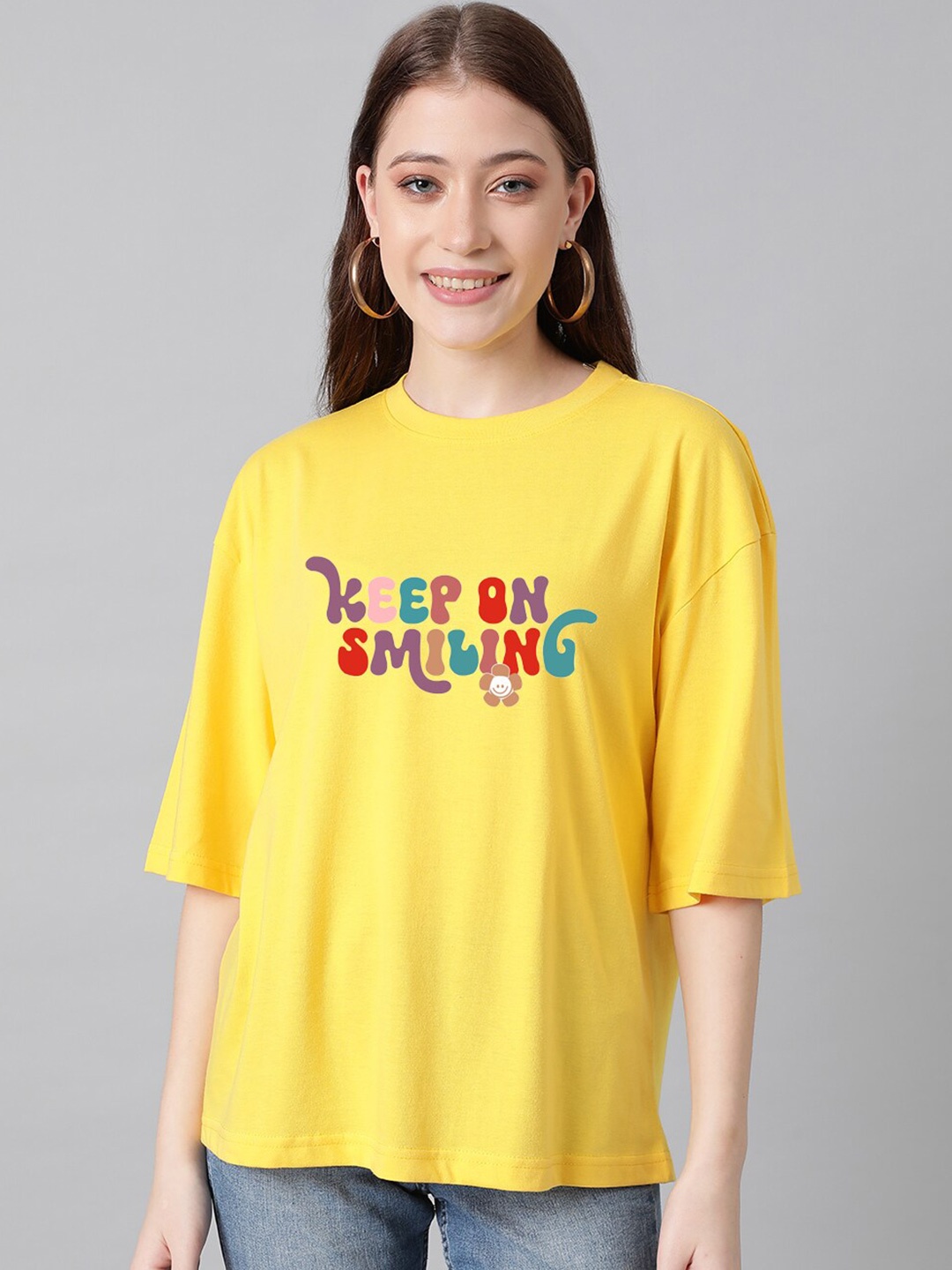 

KOTTY Basics Typography Printed Drop-Shoulder Sleeves Oversized T-shirt, Yellow