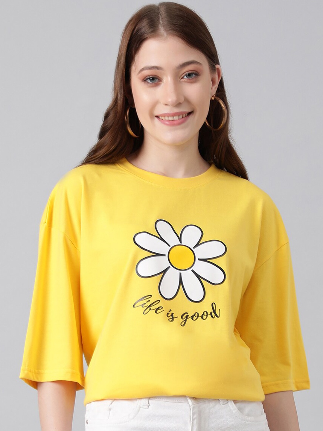 

KOTTY Basics Graphic Printed Drop Shoulder Sleeves Oversized T-shirt, Yellow