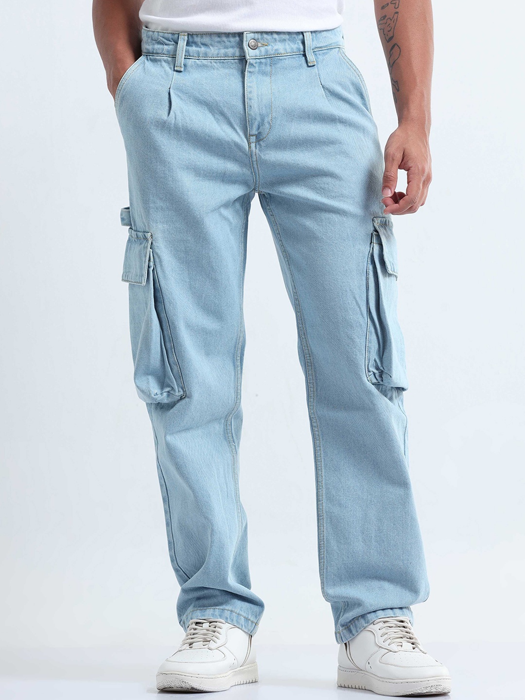 

Tailoraedge Men Tailored Relaxed Fit Mid-Rise Clean Look Cotton Cargo Jeans, Blue