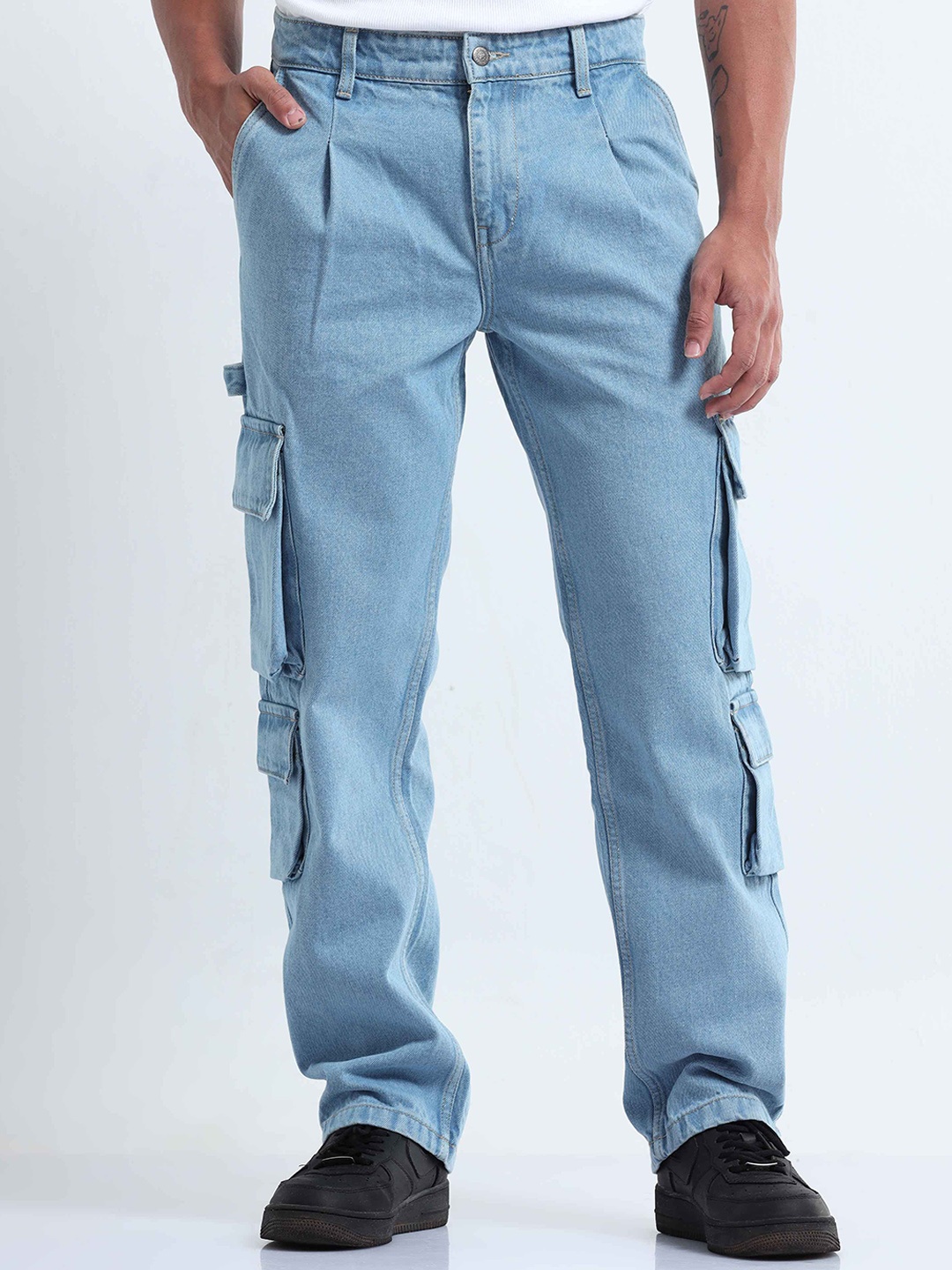 

Tailoraedge Men Classic Relaxed Fit Mid-Rise Clean Look Cotton Cargo Jeans, Blue