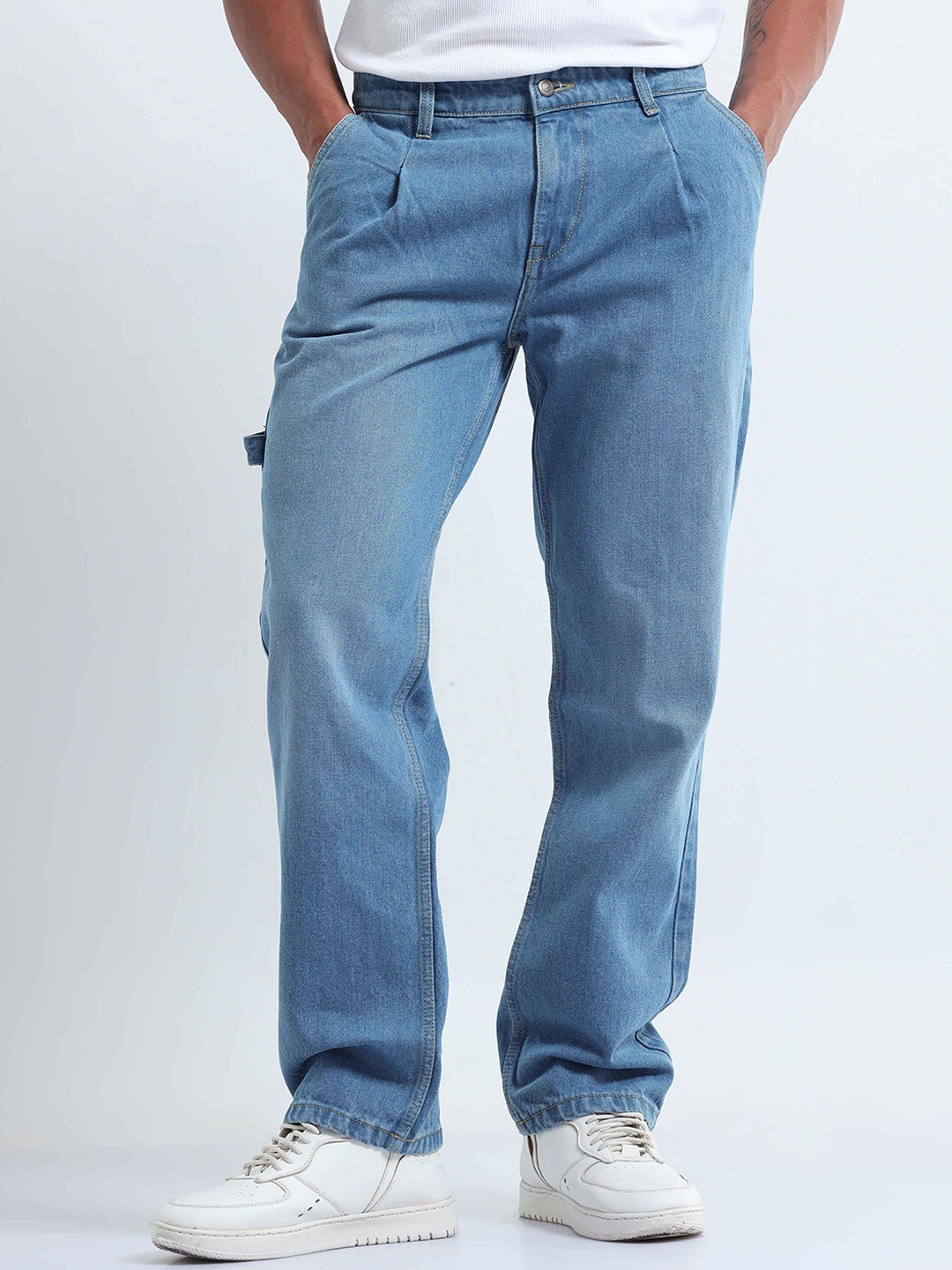 

Tailoraedge Men Tailored Relaxed Fit Mid-Rise Clean Look Cotton Cargo Jeans, Blue