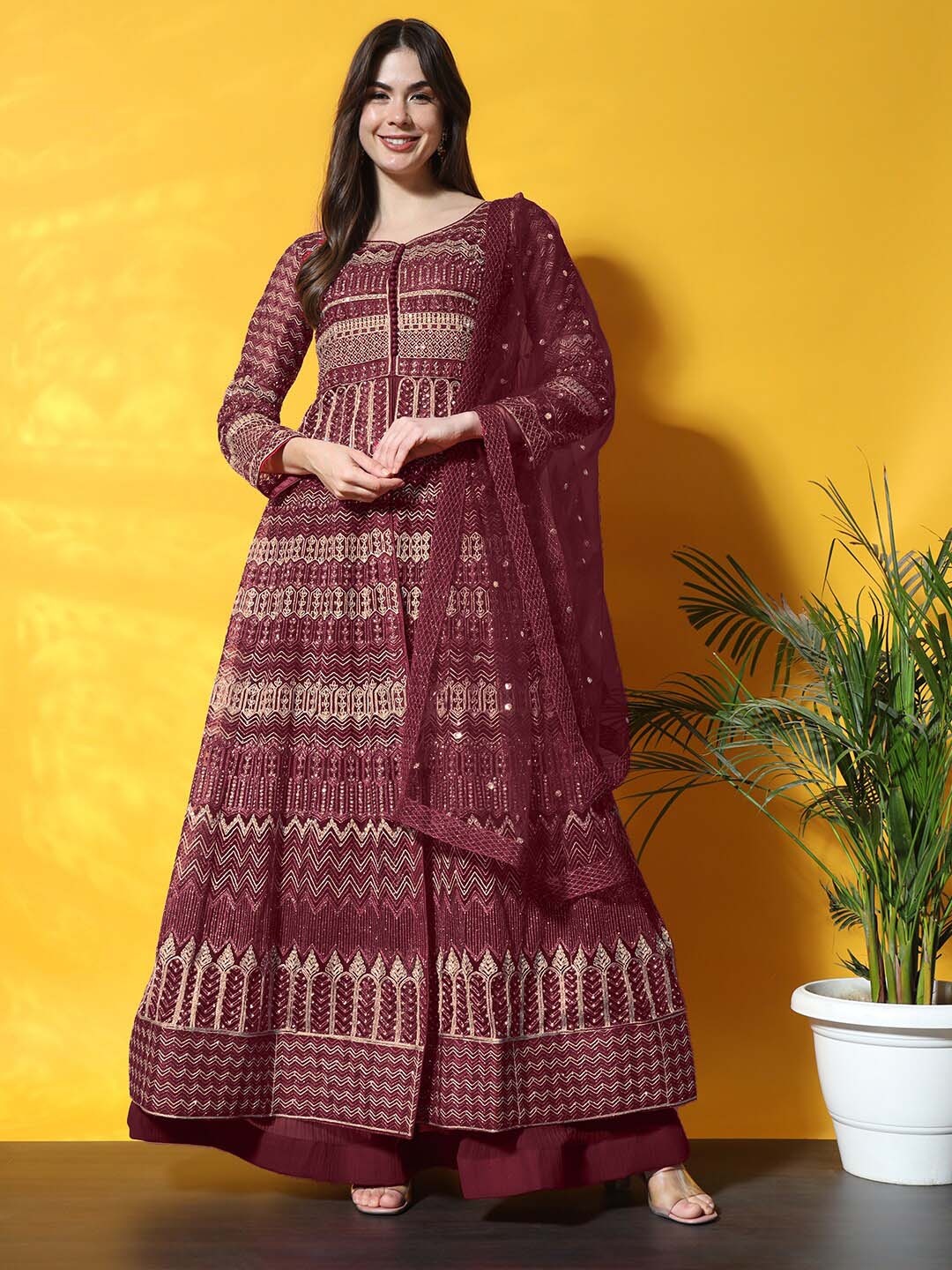 

Chhabra 555 Embroidered Lehenga With Choli & Dupatta, Maroon