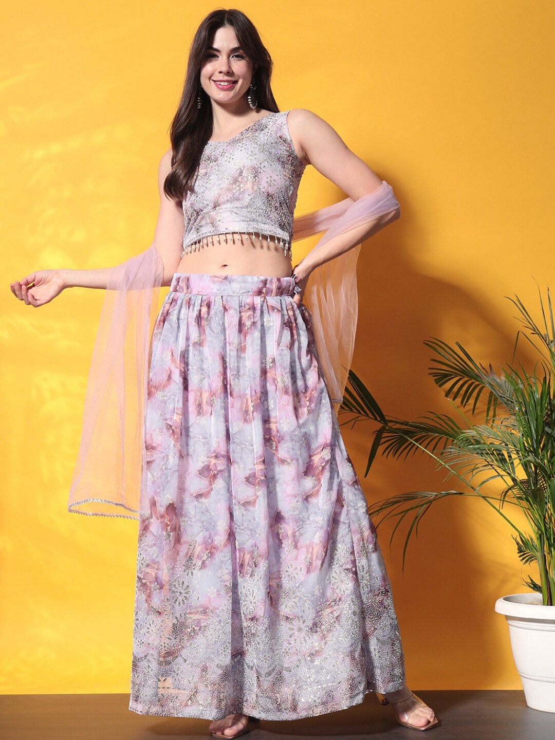 

Chhabra 555 Embellished Organza Made to Measure Lehenga & Choli With Dupatta, Pink