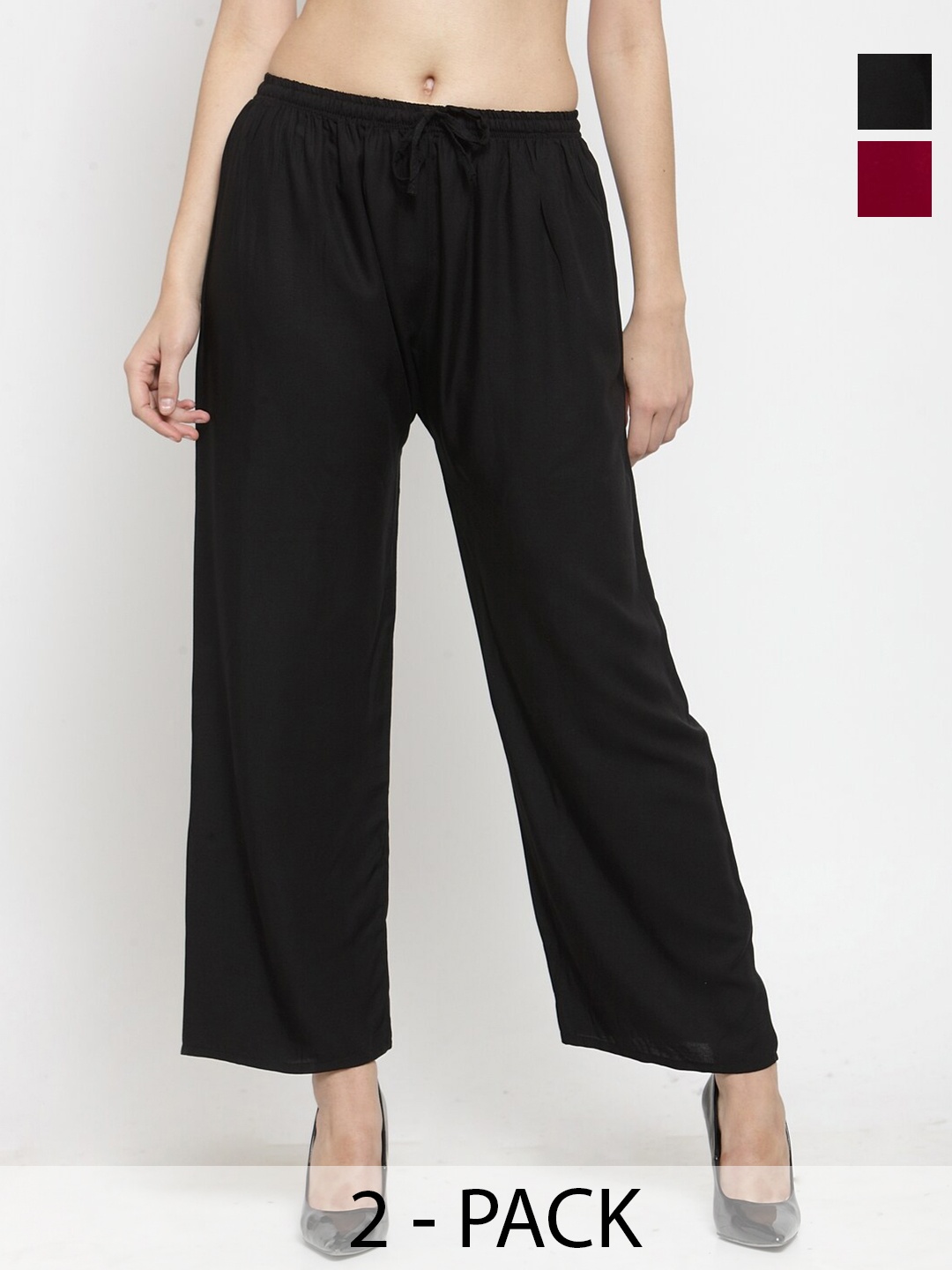

CLORA CREATION Women Pack Of 2 Straight Palazzos, Black