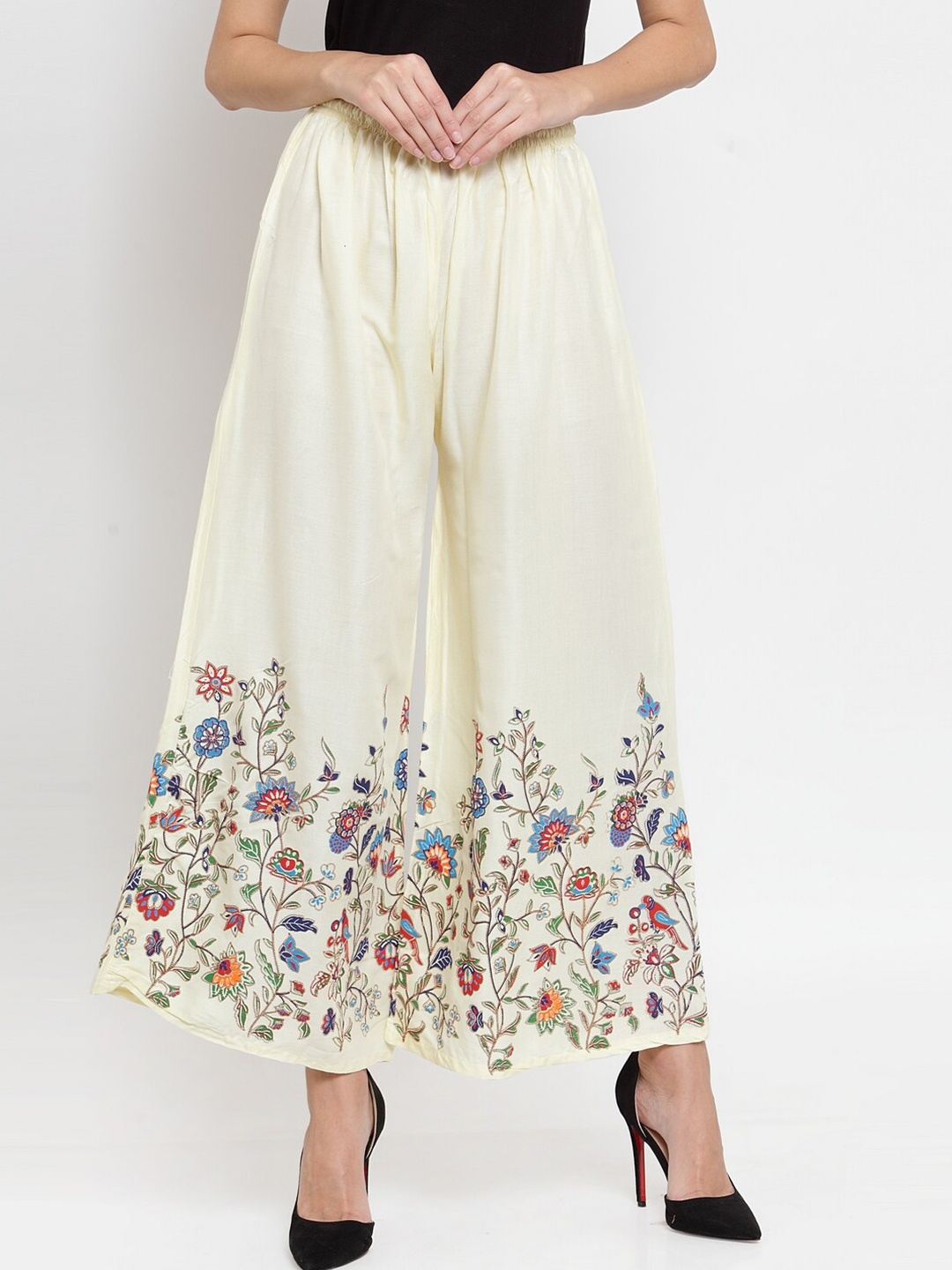 

Clora Creation Women Floral Hem Design Flared Palazzos, Off white
