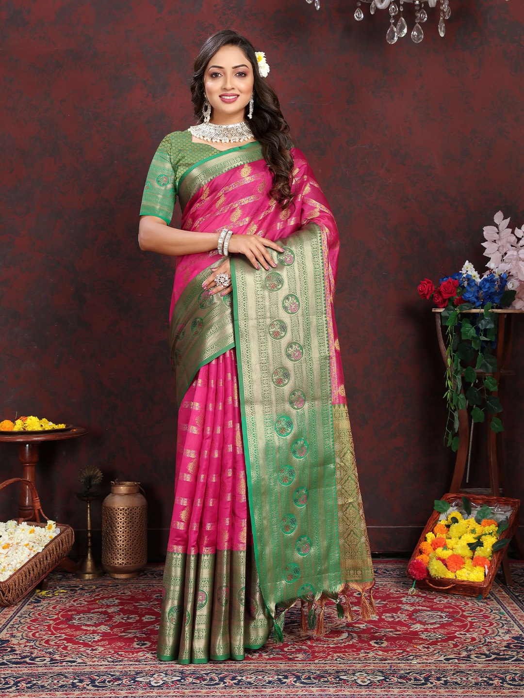 

NIWAA Ethnic Motifs Zari Banarasi Saree, Pink