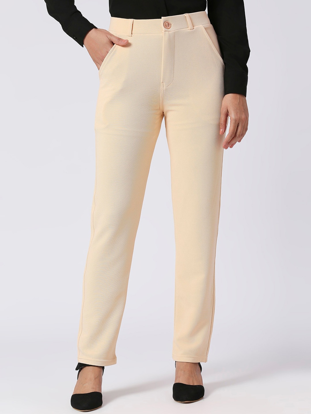

FITHUB Women Skinny Fit Mid Rise Cotton Formal Trousers, Cream