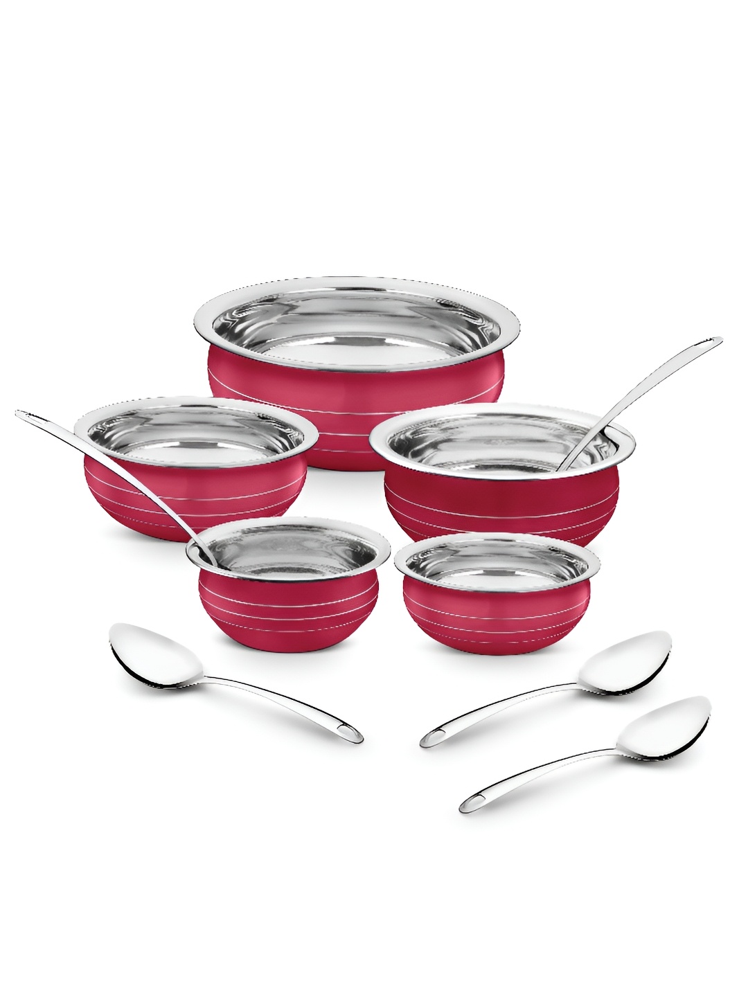 

Classic Essentials Set of 5 Red Stainless-Steel Induction-Base Serving Handis + Spoons