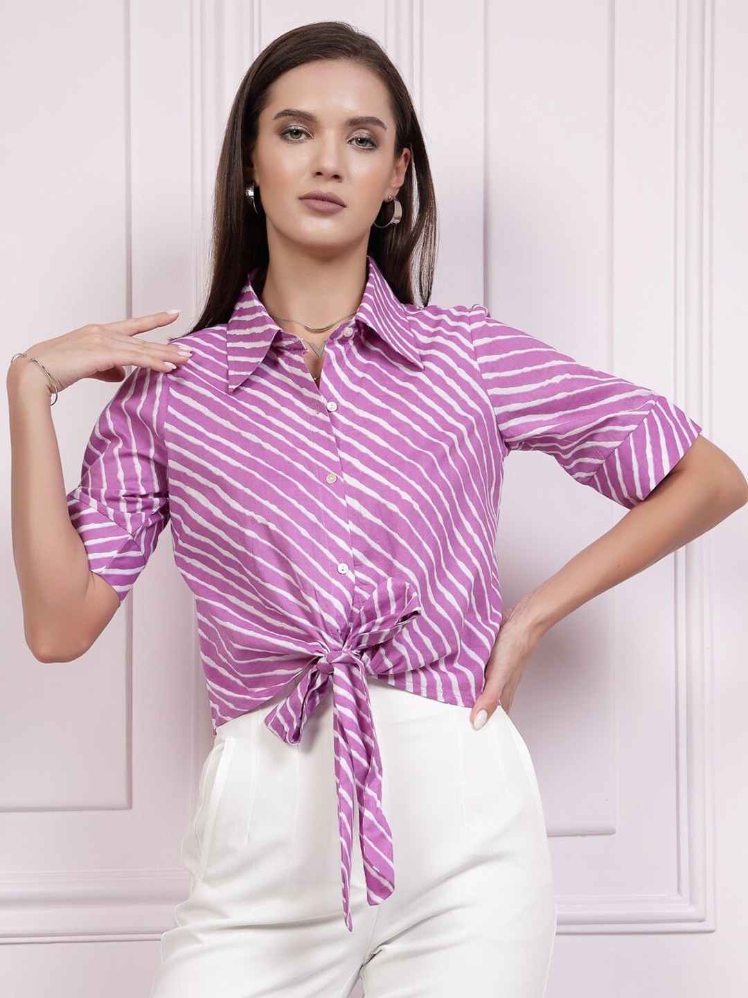 

Athena Immutable Striped Cotton Shirt Style Top With Waist Tie-Ups detail, Lavender