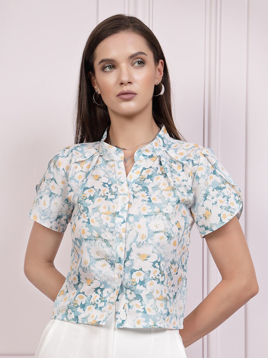 

Athena Immutable Floral Printed Mandarin Collar Linen Shirt Style Top, Blue
