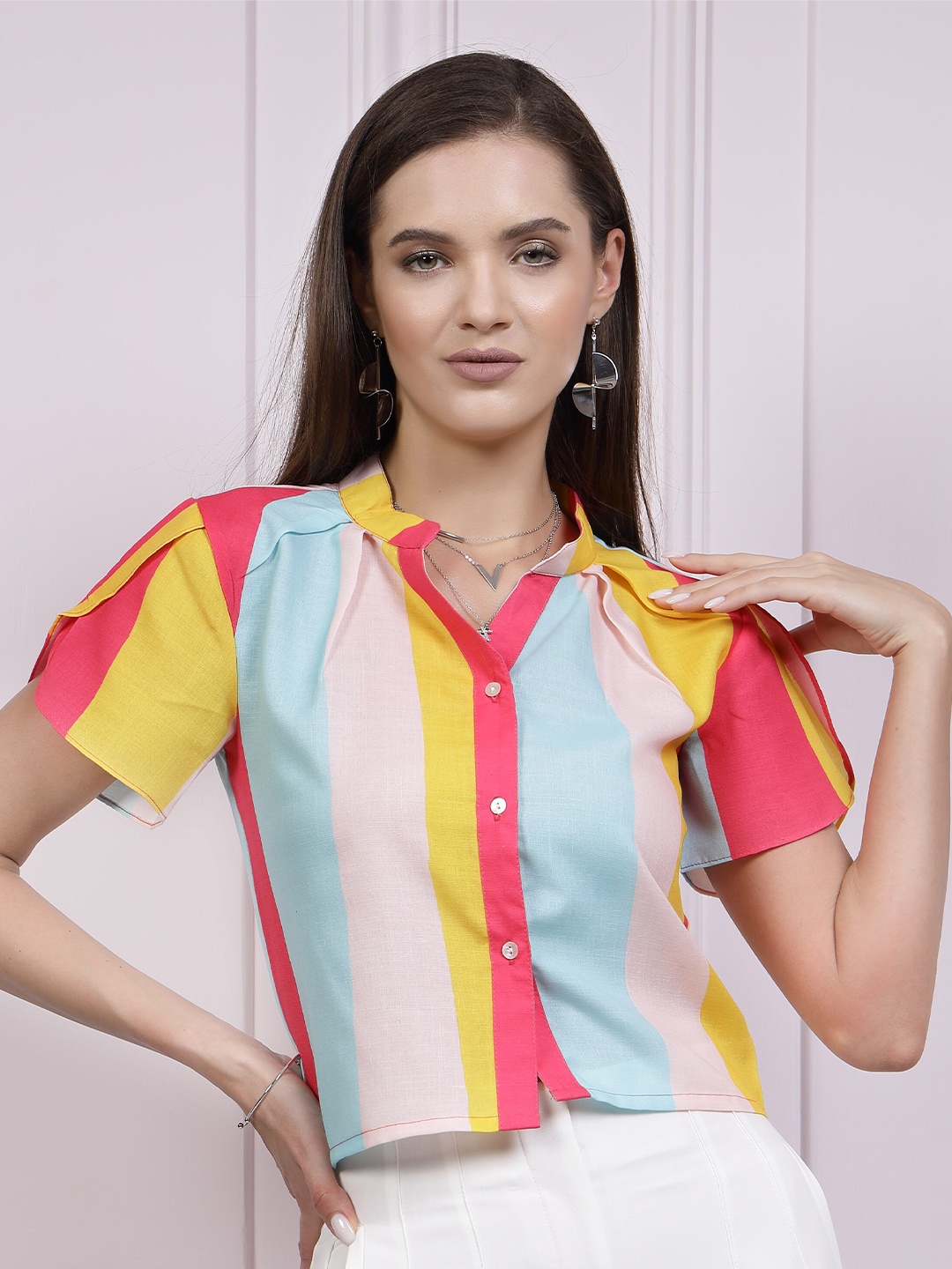 

Athena Immutable Striped Linen Shirt Style Crop Top, Pink