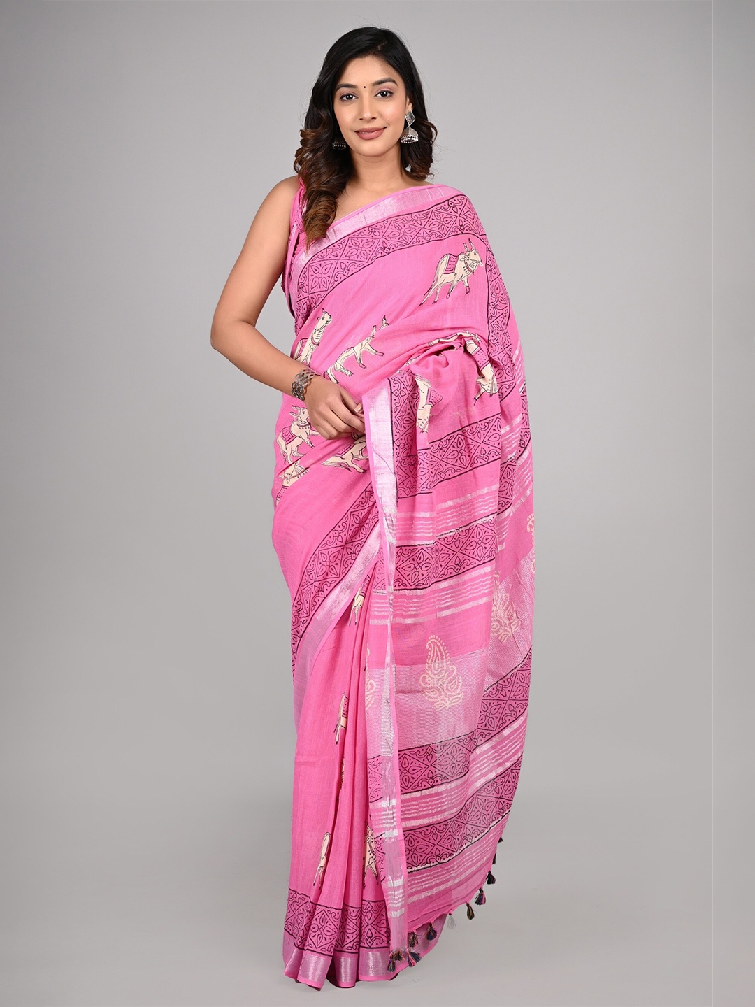 

Shivanya Handicrafts Ethnic Motifs Zari Block Print Saree, Multi