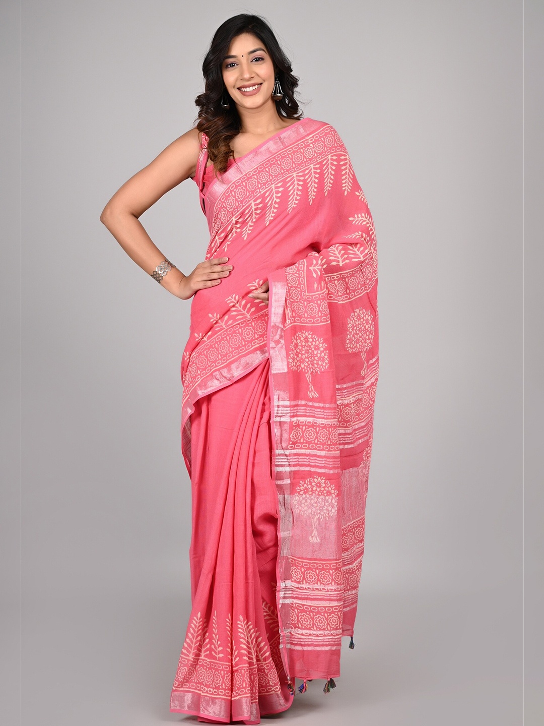 

Shivanya Handicrafts Floral ZariBlock Print Saree, Pink
