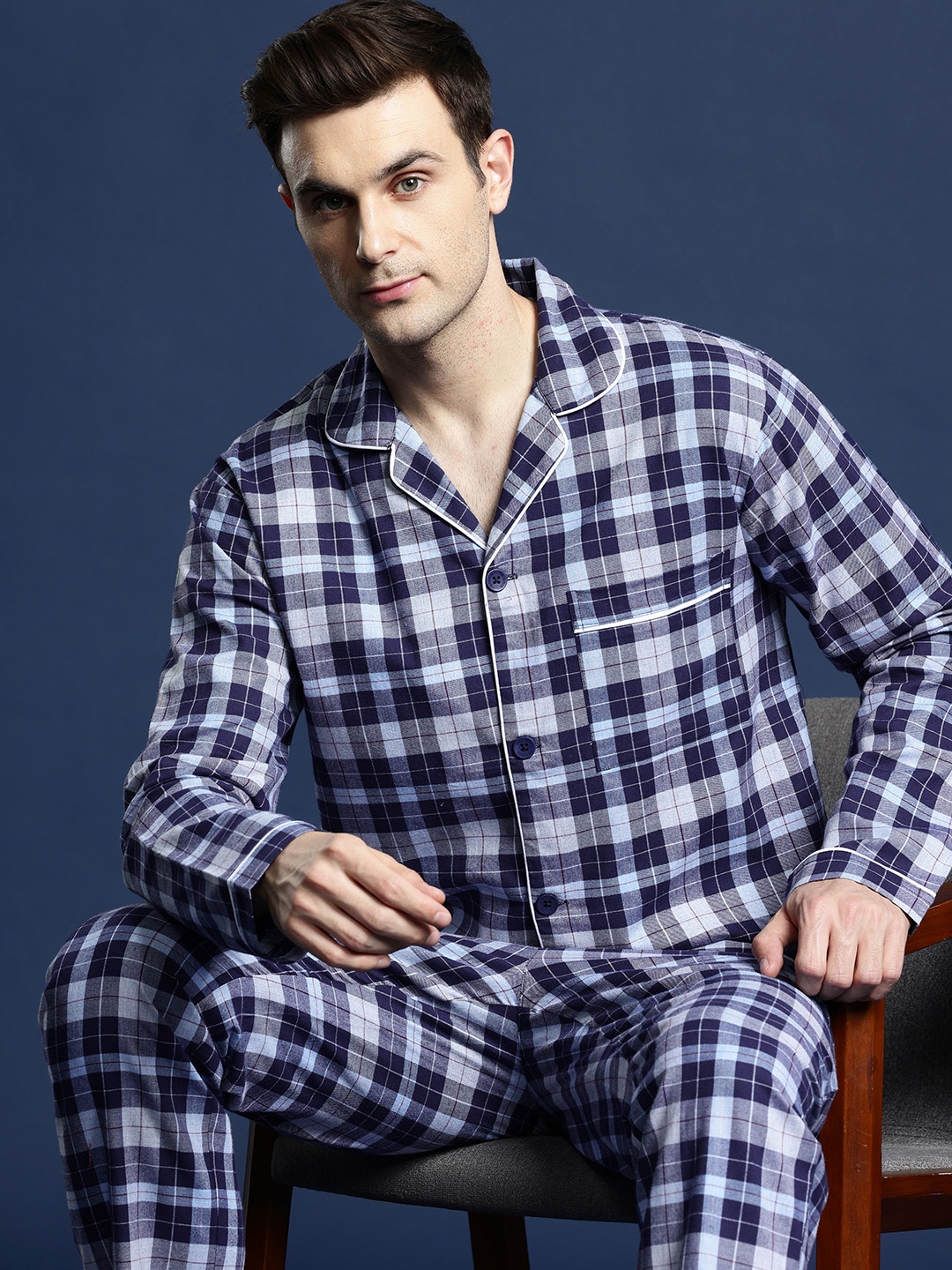 

Hancock Men Checked Pure Cotton Night suit, Navy blue