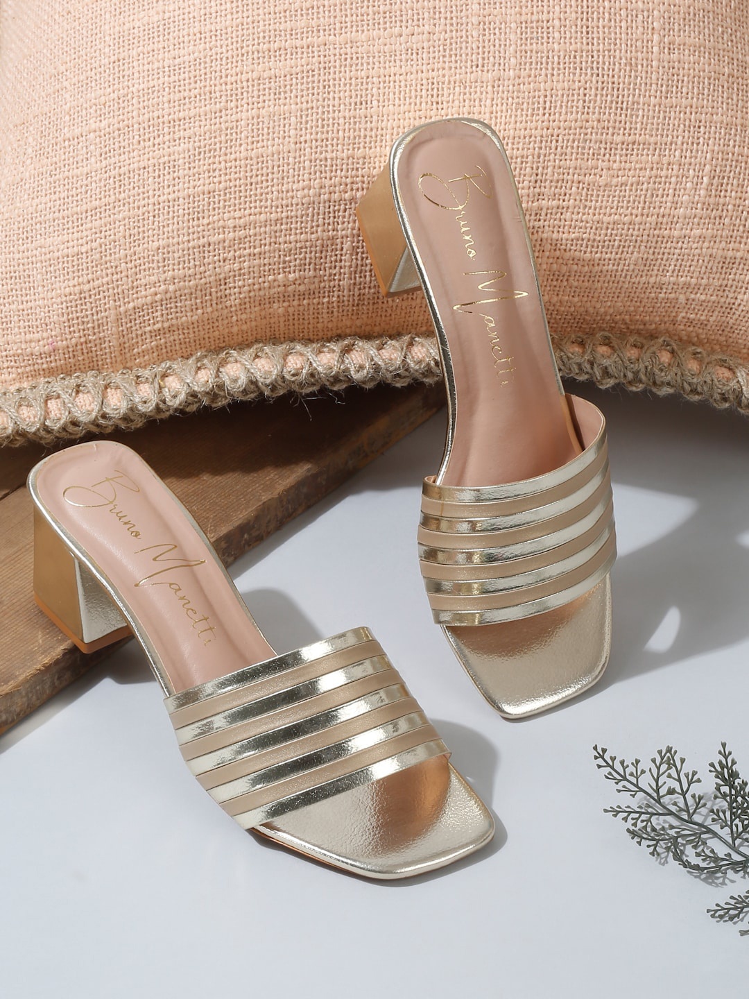 

Bruno Manetti Striped Block Heels, Gold